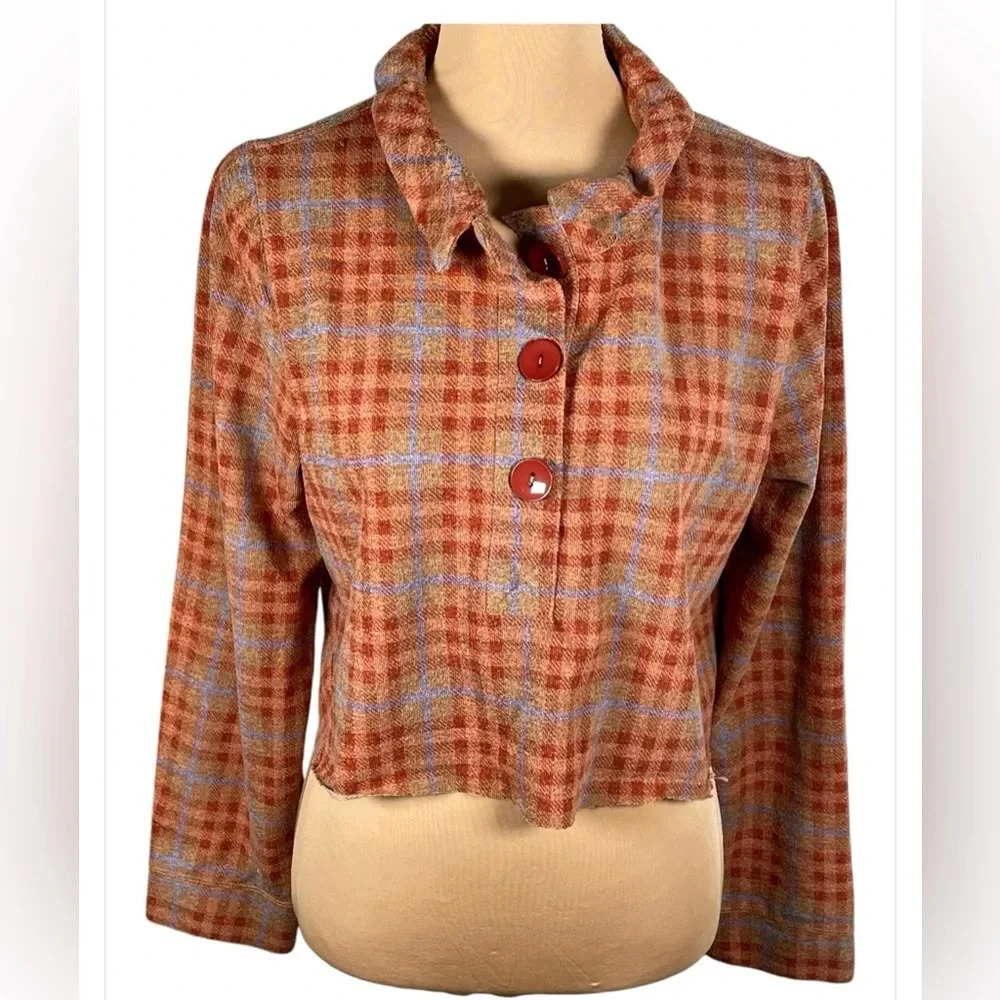 Soft Surroundings Orange Plaid Button Knit Sweater Large